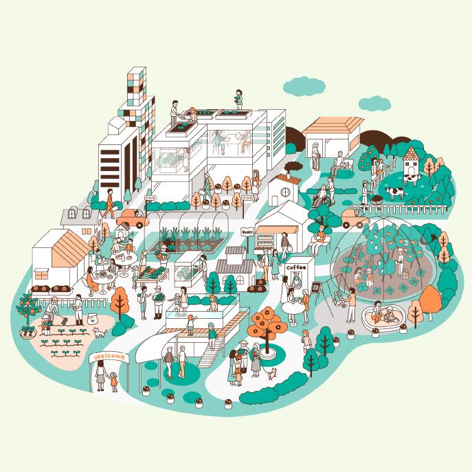 ビルの中でいちご狩りができる、「City Farmimng」事業のロゴとイラスト。